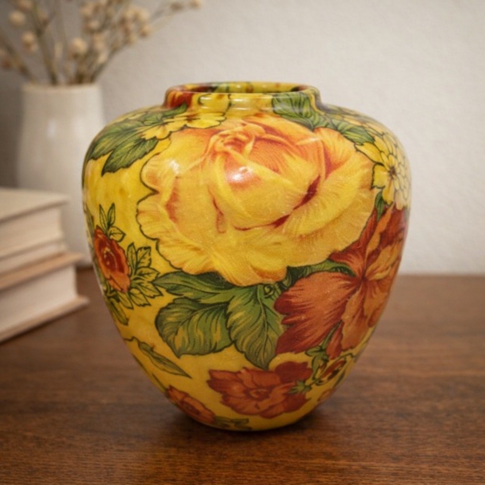 Vintage Mid Century Decoupage Art Pottery‎ Vase Raised Floral Yellow Decor